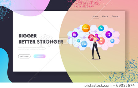 Healthy Lifestyle and Organic Food Nutrition Landing Page Template. Woman Character Hold Pointer Show Huge Vitamin Balls Healthy Lifestyle and Organic Food Nutrition Landing Page Template. Woman Character Hold Pointer Show Huge Vitamin Balls 69055674