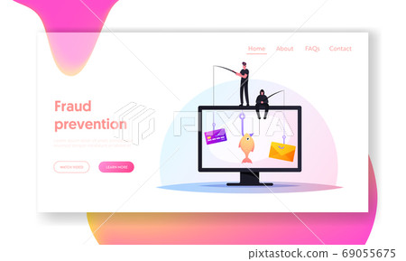Tiny Hackers Hacking Credit Card or Personal Data Landing Page Template. Male Characters Sit on Huge Computer with Rods Tiny Hackers Hacking Credit Card or Personal Data Landing Page Template. Male Characters Sit on Huge Computer with Rods 69055675