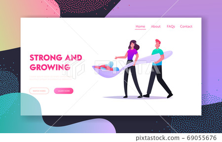 Health Care and Medicine Drugs Industry Landing Page Template. Tiny Characters Carry Huge Spoon with Vitamins or Pills 69055676