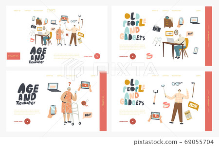 Senior People Using Smart Devices Landing Page Template Set. Aged Pensioner Characters Learn How to Use Gadgets, Selfie 69055704
