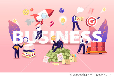 Business Concept. Businessmen Characters Launch Startup, Working with Documents and Earning Big Money, Project and Deals 69055708