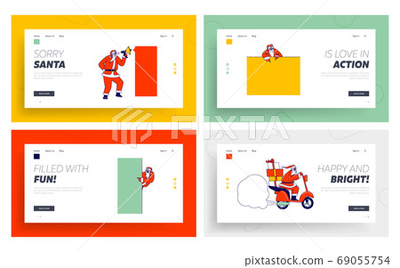 Santa Claus with Congratulation Mockup Landing Page Template Set. Christmas Character in Festive Costume Holding Banners 69055754