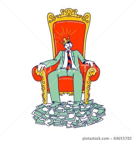 Powerful Business Man Character in Crown on Head Sitting on Throne with Feet Stand on Pile of Dollar Banknotes, Power Powerful Business Man Character in Crown on Head Sitting on Throne with Feet Stand on Pile of Dollar Banknotes, Power 69055785