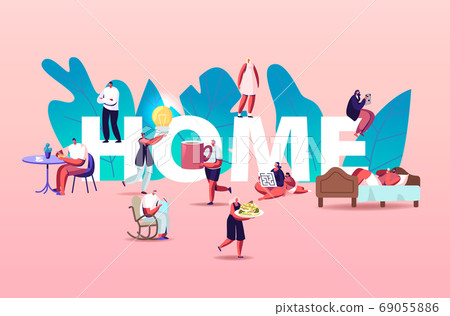 People at Home Concept. Male and Female Characters Eating, Cooking Food, Reading Books and Making Favorite Hobbies People at Home Concept. Male and Female Characters Eating, Cooking Food, Reading Books and Making Favorite Hobbies 69055886