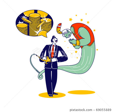 Business Man with Lamp Alladin and Gin. Big Money Dream. Office Manager or Corporate Worker Character Desire to be Rich 69055889