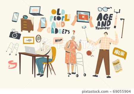 Senior People Using Smart Devices. Aged Male and Female Characters Learn How to Use Gadgets, Making Selfie on Smartphone 69055904