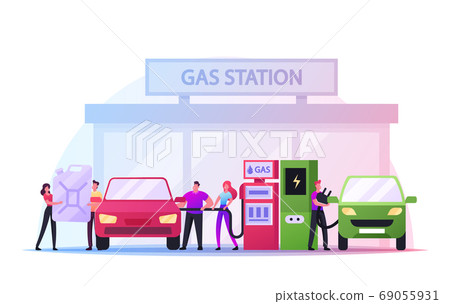 Refueling Car on Fuel Station. Man Pumping Petrol, Gasoline Oil and Charging Electric Auto. Vehicle Filling Service Refueling Car on Fuel Station. Man Pumping Petrol, Gasoline Oil and Charging Electric Auto. Vehicle Filling Service 69055931