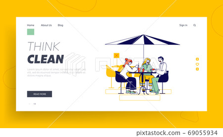 Friends Meet Up during Coronavirus Landing Page Template. Visitors Characters Sit at Outdoor Cafe Table Drinking Coffee 69055934