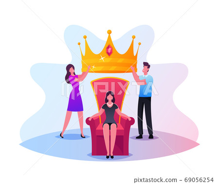 Popularity, Fame Concept. Tiny Male and Female Characters Put Huge Royal Crown on Woman Head Sitting on Throne, Cult 69056254