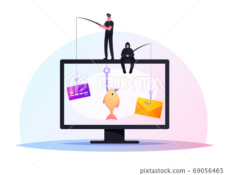 Tiny Hackers Hacking Credit Card or Personal Data. Male Characters Sit on Huge Computer with Rods Phishing via Internet Tiny Hackers Hacking Credit Card or Personal Data. Male Characters Sit on Huge Computer with Rods Phishing via Internet 69056465