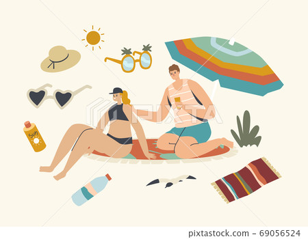 Summer Vacation, Ultraviolet Rays Hazard for Health Defence, Sunbath. People Use Sun Protection Concept. Sunscreen Cream 69056524