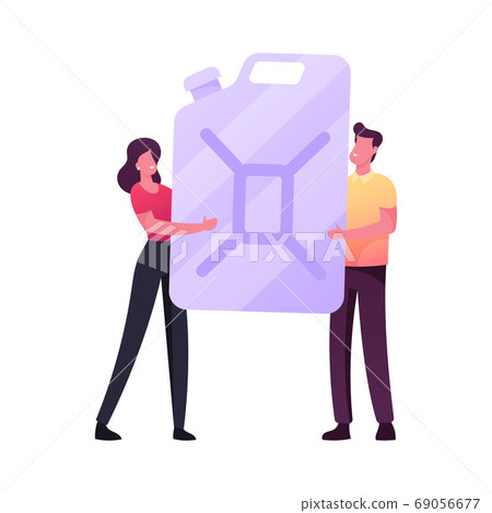 Tiny Male and Female Characters Holding Huge Canister on Gas Station for Filling Fuel into Car. Refueling Automobile 69056677