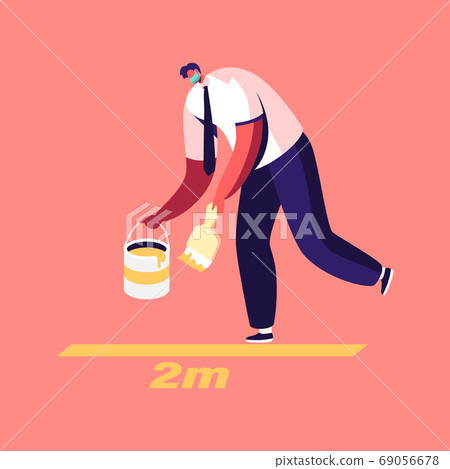Office Worker Male Character Wearing Protective Medical Mask Painting Markup for Social Distancing during Coronavirus 69056678