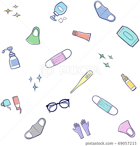 Seamless pattern Infectious disease corona countermeasure goods. Mask, disinfectant, hand soap, glasses, thermometer, mouthwash, etc. 69057215