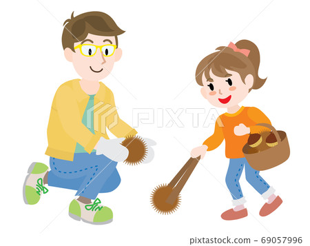 Parent and child picking chestnuts 69057996