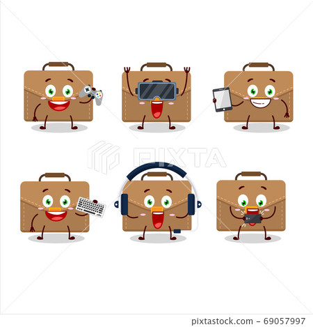 Brown suitcase cartoon character are playing games with various cute emoticons 69057997