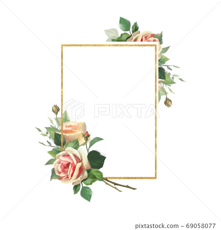 Gold frame with flowers. Bouquet of rose flowers. Template for greeting card Gold frame with flowers. Bouquet of rose flowers. Template for greeting card 69058077