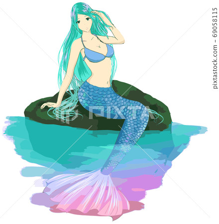Illustration of a mermaid sitting on a rock and touching her hair 69058115