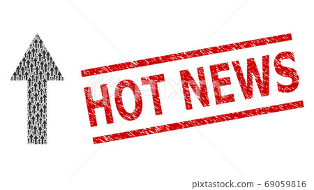 Arrow Up Recursion Collage of Arrow Up Icons and Textured Hot News Seal Stamp 69059816