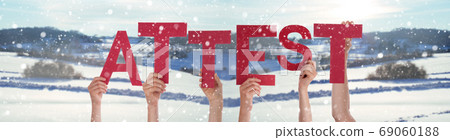 People Hands Holding Word Attest Means 69060188