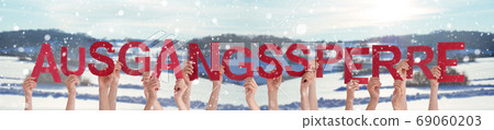 People Hands Holding Word Ausgangssperre Means 69060203