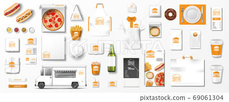 Realistic fast food mockup set, top view for restaurant or cafe menu. Fast food template Isolated hamburger, pizza, popcorn, delivery truck, beer, paper package. Vector 69061304
