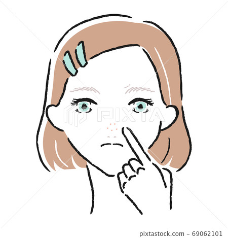 一個少婦的例證。一名婦女擔心鼻子和鼻子上的小毛孔突出。 69062101