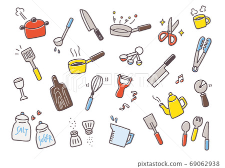 Loose hand-drawn line drawing illustration set of kitchen and cooking utensils such as pots and pans Loose hand-drawn line drawing illustration set of kitchen and cooking utensils such as pots and pans 69062938