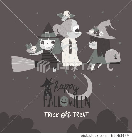 Cute Halloween witches flying on broom in the night sky 69063489