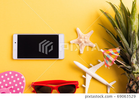 pineapple, sunglasses, model plane, and smartphone blank screen pineapple, sunglasses, model plane, and smartphone blank screen 69063529