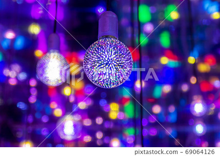 Red blue neon garlands of bokeh lights and reflections. 69064126