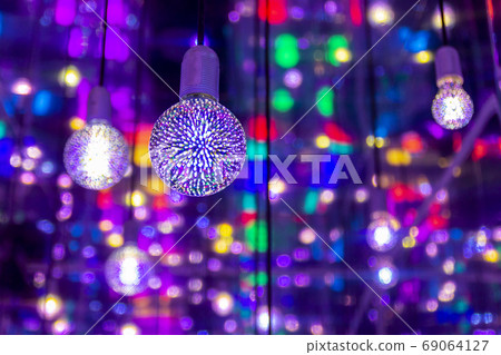 Red blue neon garlands of bokeh lights and reflections. Red blue neon garlands of bokeh lights and reflections. 69064127