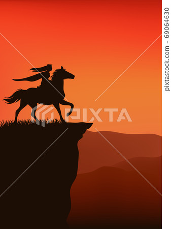 medieval princess riding horse at sunset cliff - vector fairy tale silhouette scene medieval princess riding horse at sunset cliff - vector fairy tale silhouette scene 69064630