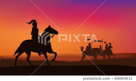 vector silhouette scene of sunset field with medieval knights and horses vector silhouette scene of sunset field with medieval knights and horses 69064632