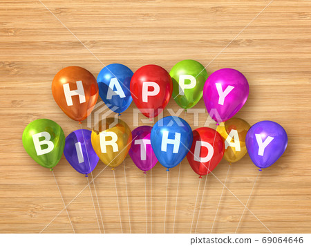 Colorful happy birthday air balloons on a wooden background 69064646