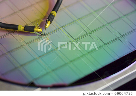Manual probe system with needles for test of semiconductor on silicon wafer. Selective focus. 69064755