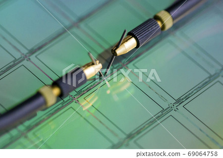 Manual probe system with needles for test of semiconductor on silicon wafer. Selective focus. 69064758