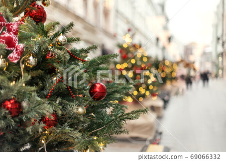 Christmas trees decorated with balls and garlands on the city st 69066332