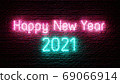 New Year 2021 neon sign creative design concept on brick background. 3D rendered illustration 69066914