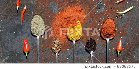 silver spoon with various spices silver spoon with various spices 69068573