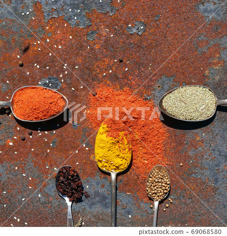 silver spoon with various spices 69068580