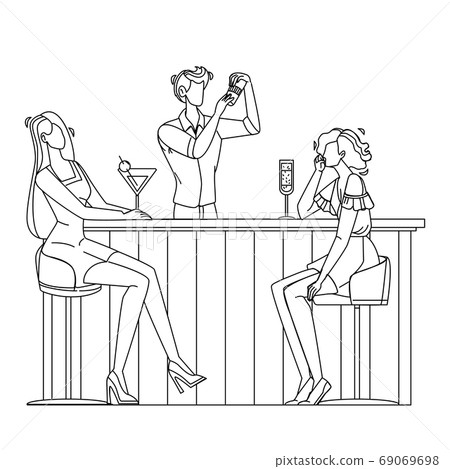 Barman Making Alcoholic Cocktail For Women Vector Barman Making Alcoholic Cocktail For Women Vector 69069698