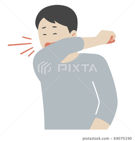 一個人咳嗽,他的袖子覆蓋他的嘴的插圖 一個人咳嗽,他的袖子覆蓋他的嘴的插圖 69070190