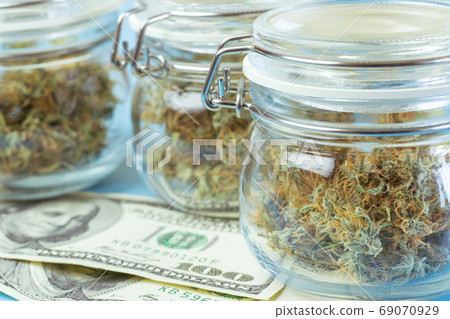Close up of medical or recreational cannabis in jars, money on blue background. Marijuana farming business Close up of medical or recreational cannabis in jars, money on blue background. Marijuana farming business 69070929