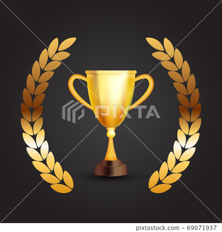 Winner trophy gold cup with Laurel wreath. Vector Illustration 69071937