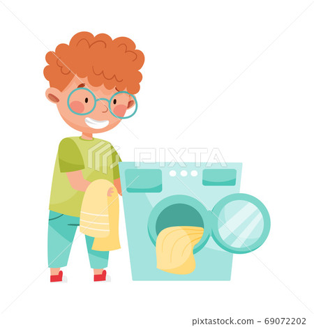 Little Boy Doing Laundry in Washing Machine Vector Illustration Little Boy Doing Laundry in Washing Machine Vector Illustration 69072202