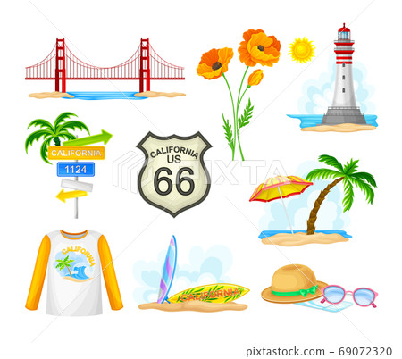 California as Travel Destination with Palm Trees and Surfboards at Sea Shore Vector Composition Set California as Travel Destination with Palm Trees and Surfboards at Sea Shore Vector Composition Set 69072320