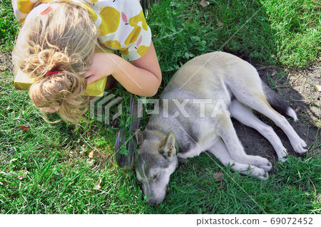 girl resting on the bench near her sleeping dog girl resting on the bench near her sleeping dog 69072452