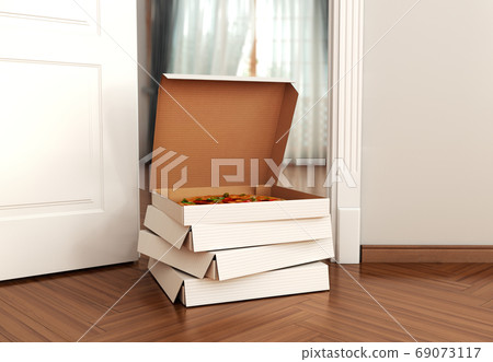 food delivery concept a supermarket pizza boxes stands at the ro 69073117