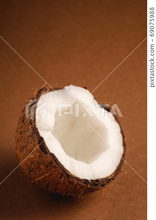 Single coconut fruit on brown plain background 69075988